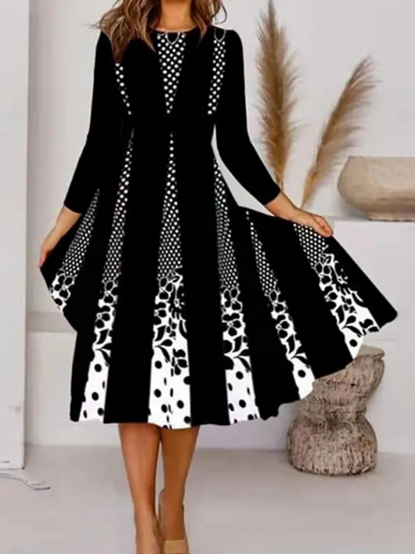 Fashion Print Crew Neck 3/4 Sleeve Dress