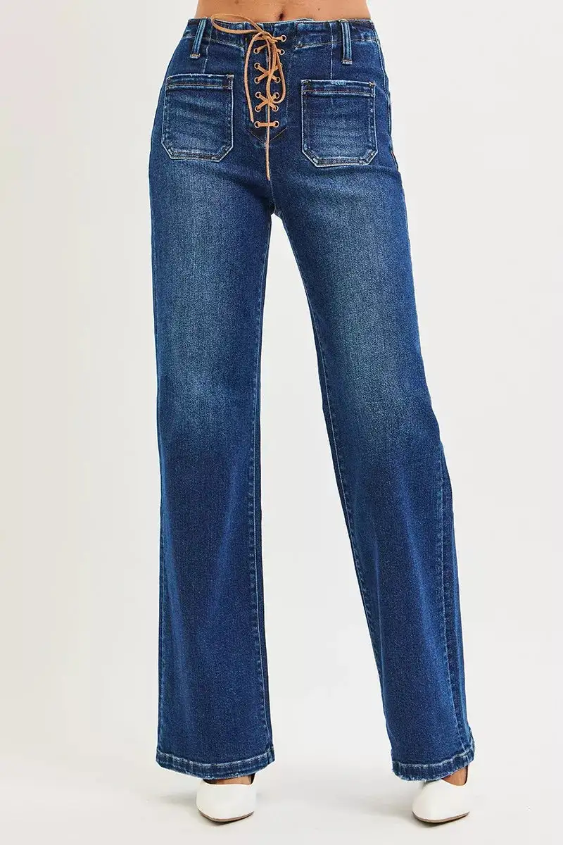 High Rise Front Tie Wide Leg Jeans