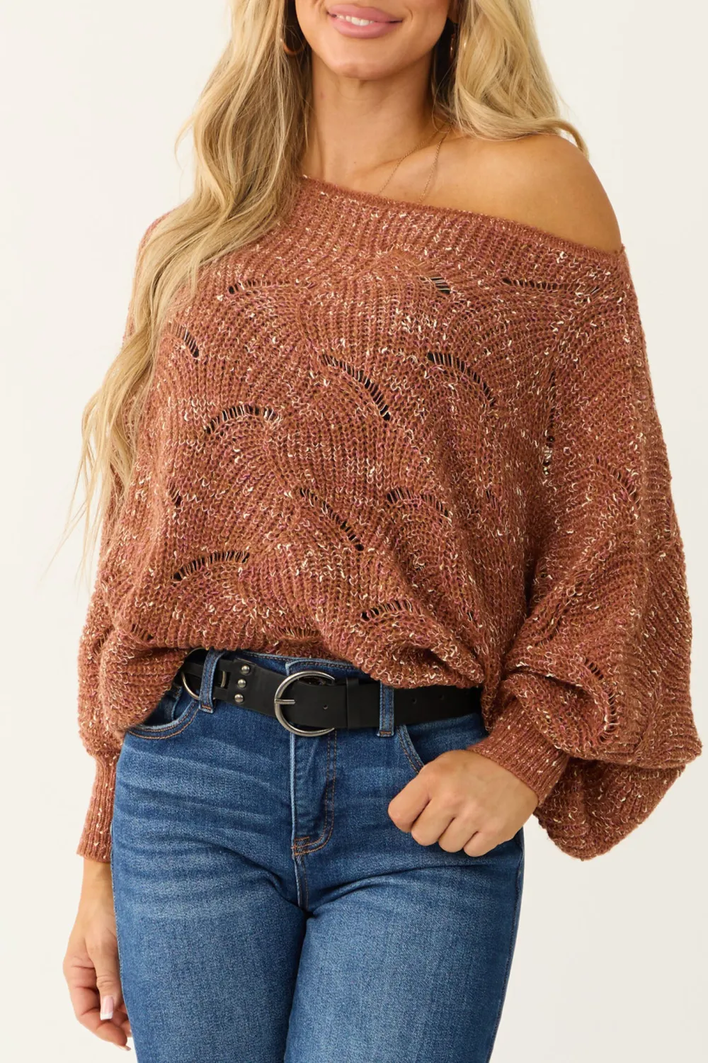 Terracotta Pointelle Long Balloon Sleeve Sweater