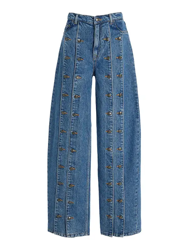 High Waist Seamed Button Detail Beltless Jeans
