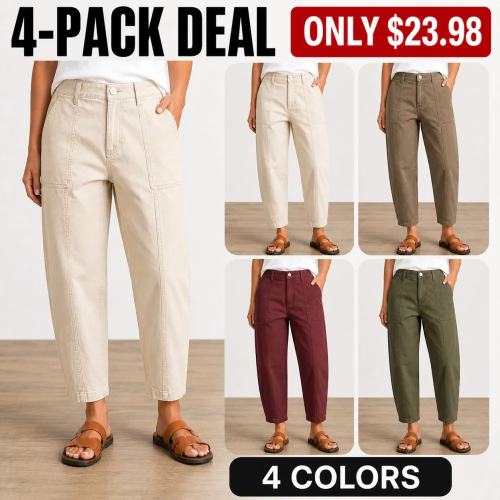 Women's Solid Stitch Detail Mid Waist Barrel Crop Pants