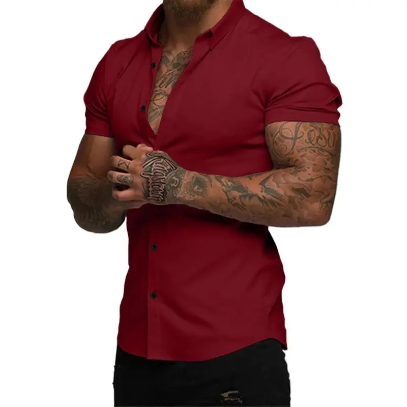 Men's Muscle Fit Dress Shirts Casual Button Down Shirt Short Sleeve Wrinkle-Free Shirts