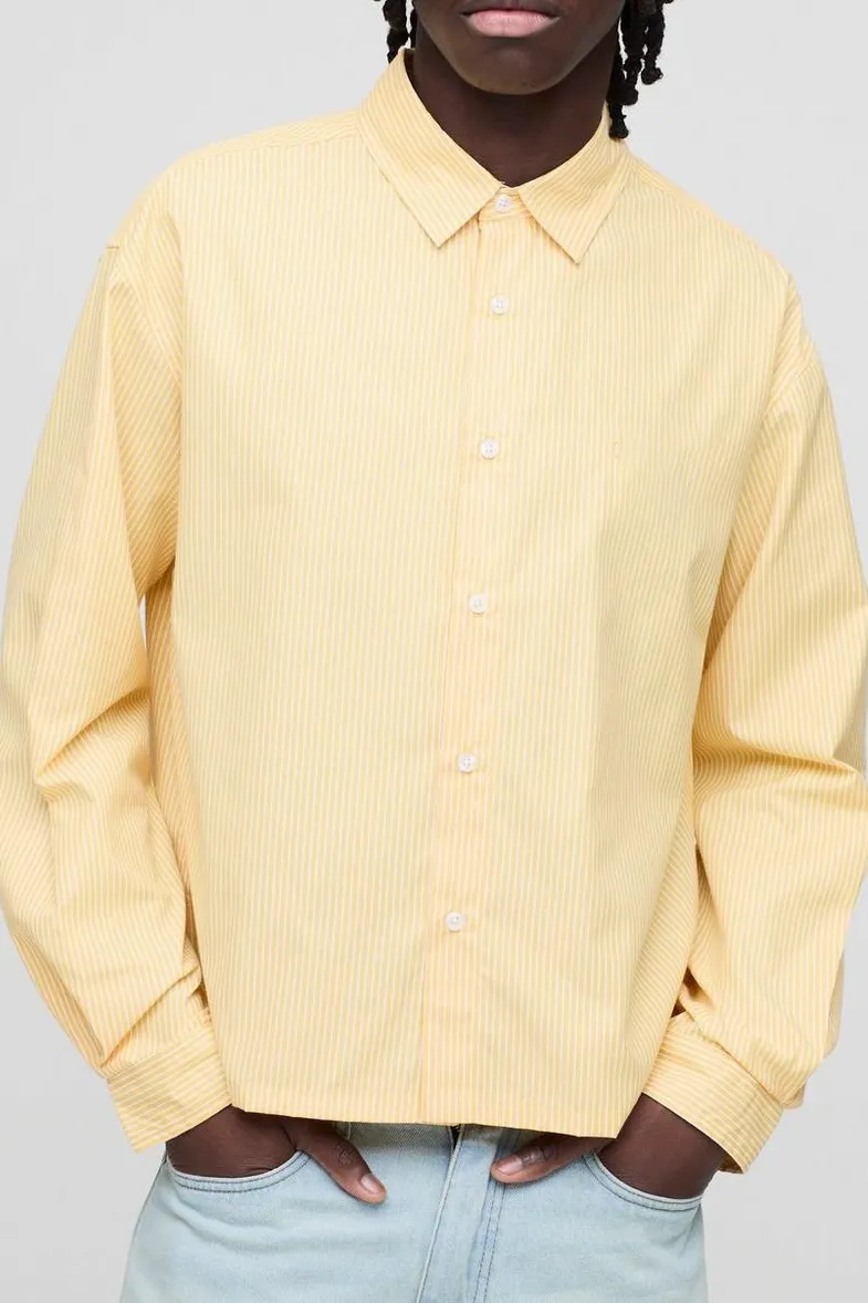 Oversized Boxy Long Sleeve Stripe Embroidered Yellow Shirt