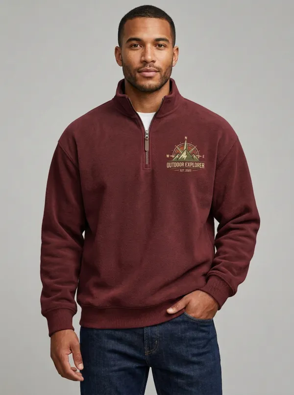 Men's Outdoor Explorer Mountain Compass Graphic Quarter-Zip-Neck Sweatshirt