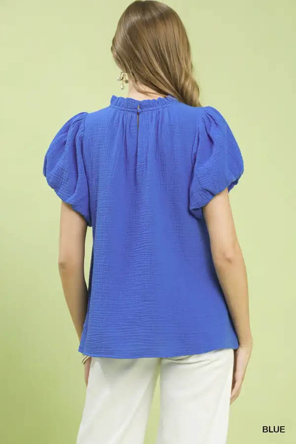 Textured Gauze Ruffle Neck Boho Top