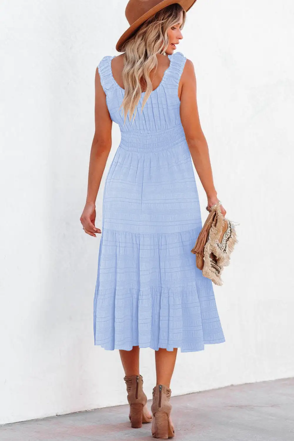 Soft Touch Square Neck Pleated Sleeveless Midi Dress