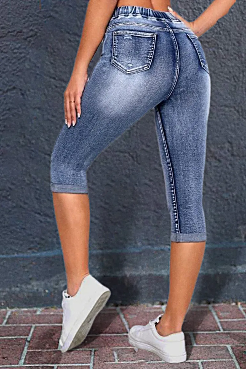 Ripped Drawstring Waist Capris Jeans