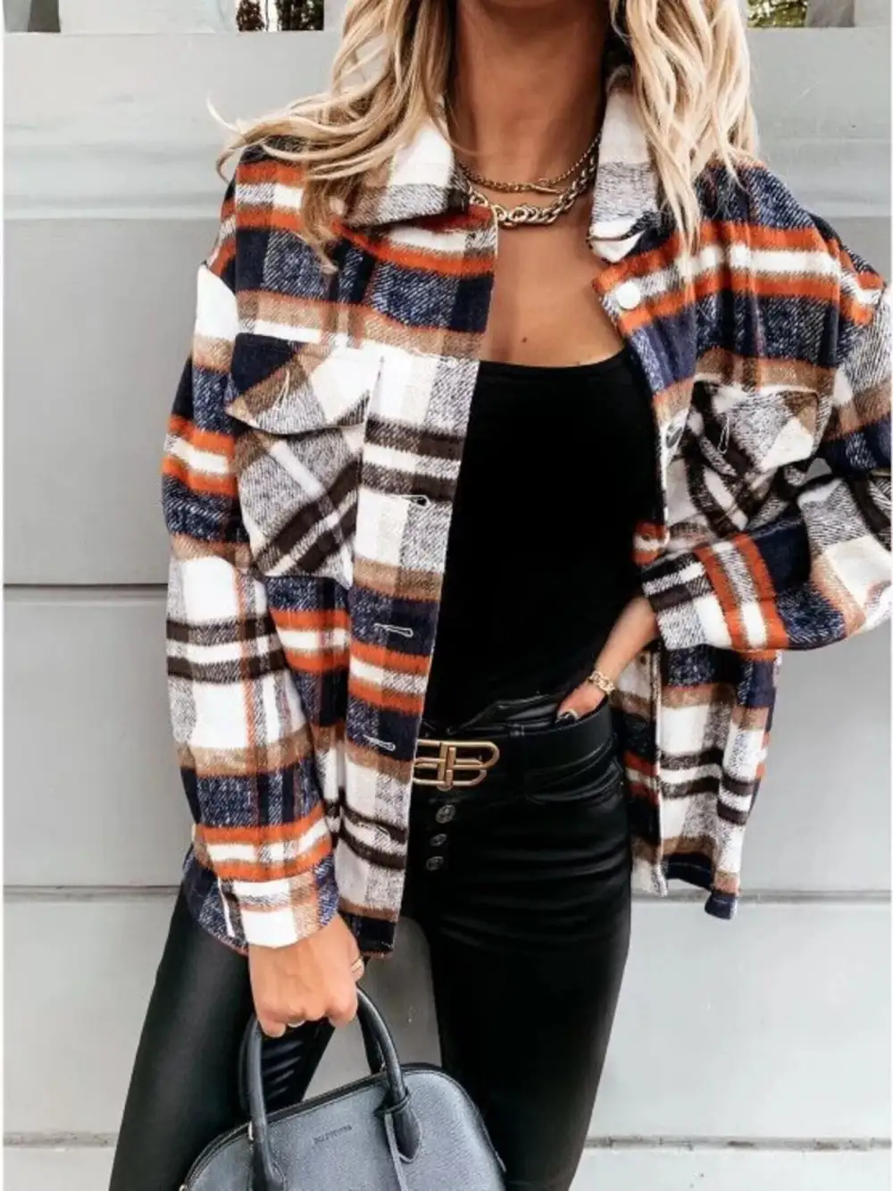 Plaid Button Down Long Sleeve Shacket Jacket