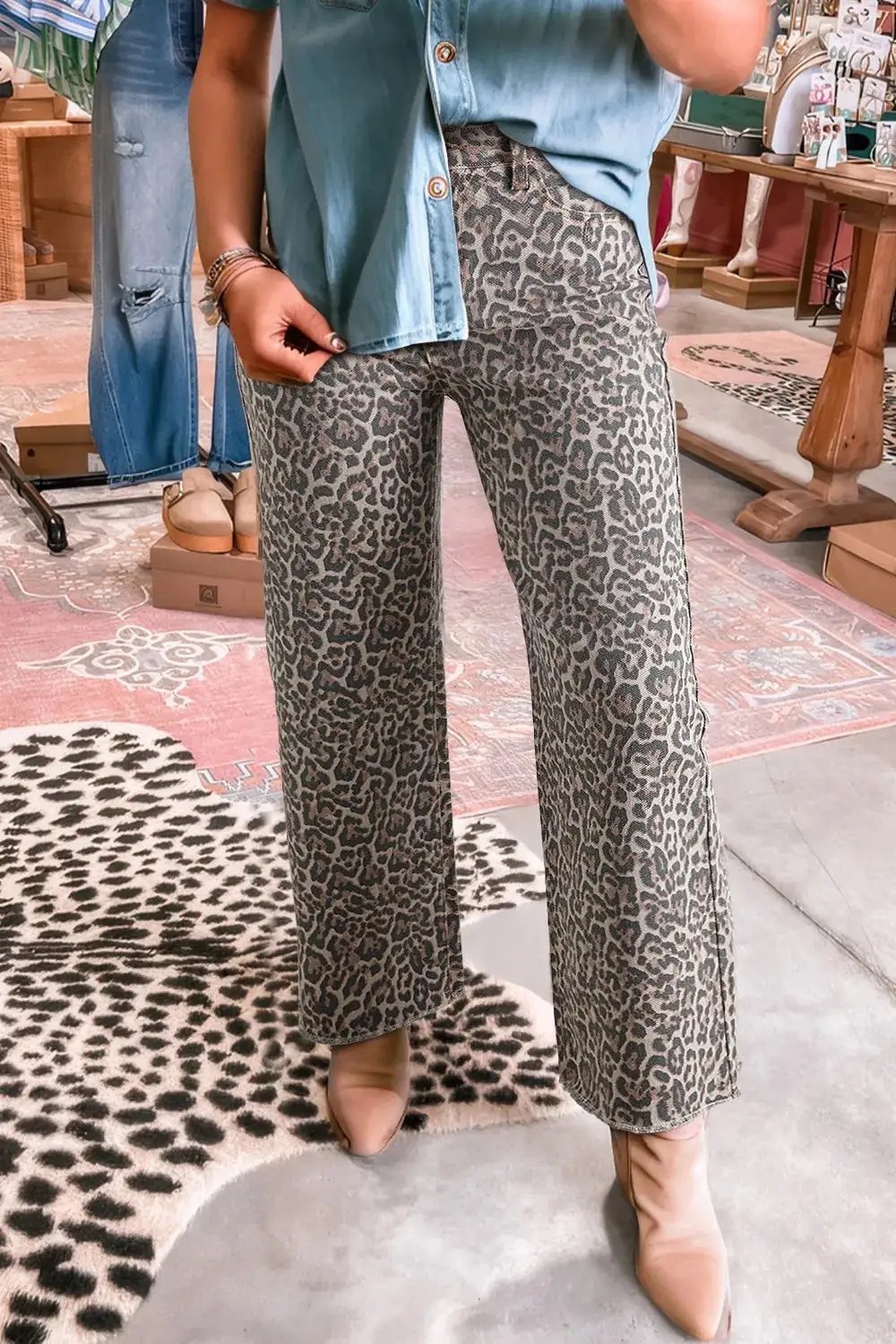 Leopard Frayed Edge Wide Leg High Denim Jeans