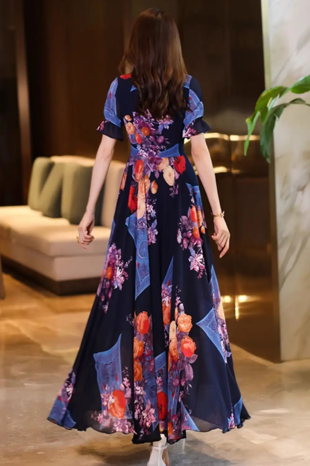Refined Floral Chiffon Ruffle V Neck Short Sleeve Maxi Dress