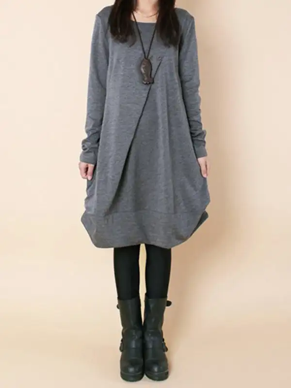A Line Long Sleeve Pleated Solid Color Round Neck Dress Maxi