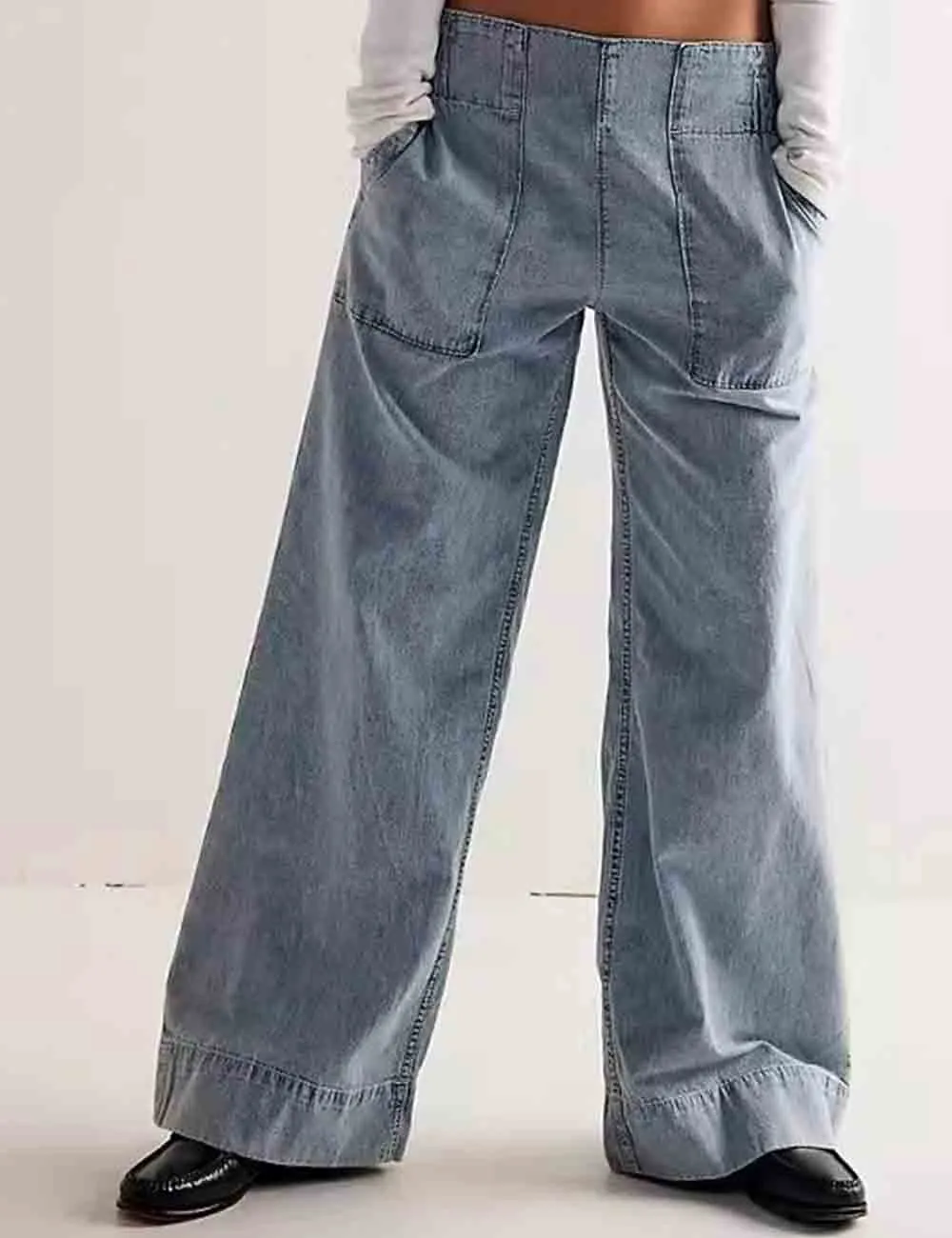 Elastic Waist Pocket Wide Leg Denim Pants