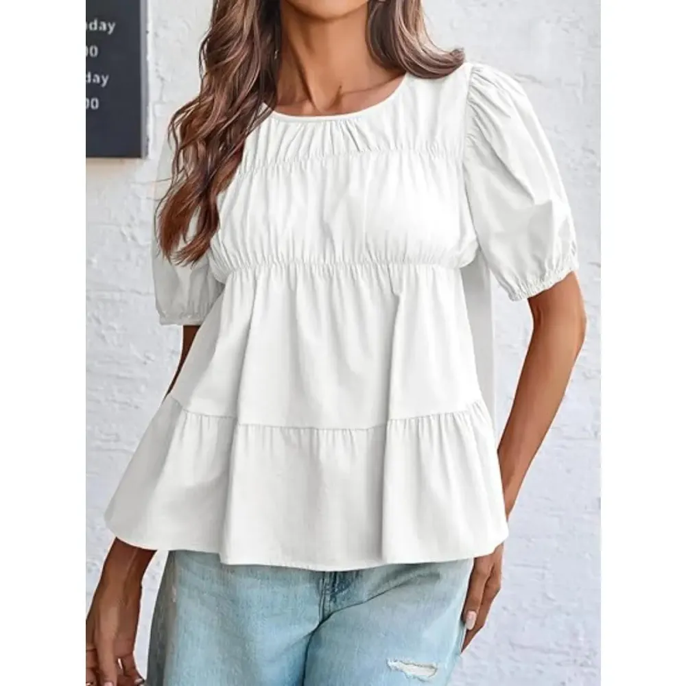 Womens Puff Sleeve Peplum Babydoll Tops