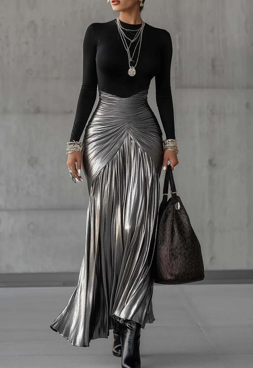 Round Neck Metallic Pleated Maxi Dress