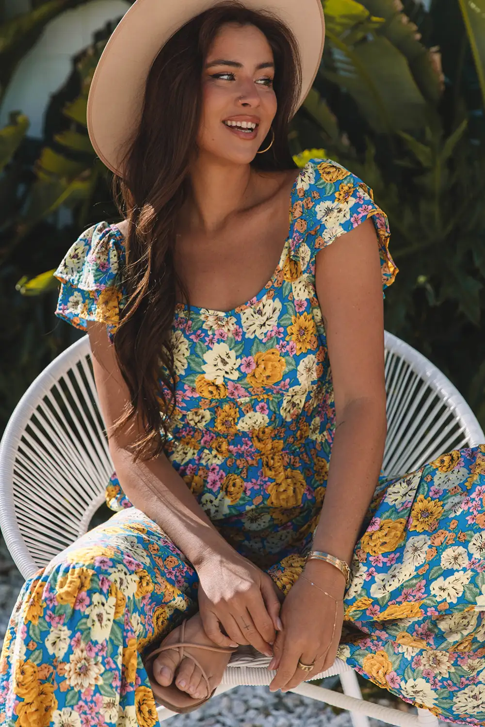 Floral Allover Print Shirred Panel Detail Jumpsuit
