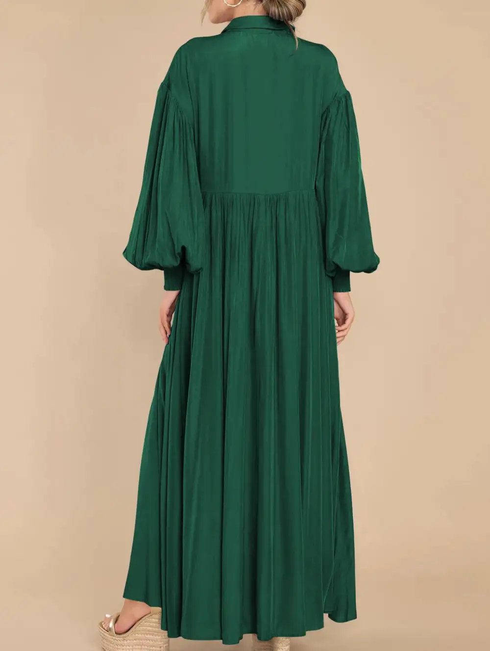 Button-Down Lapel Pleated Long-Sleeve Maxi Dress
