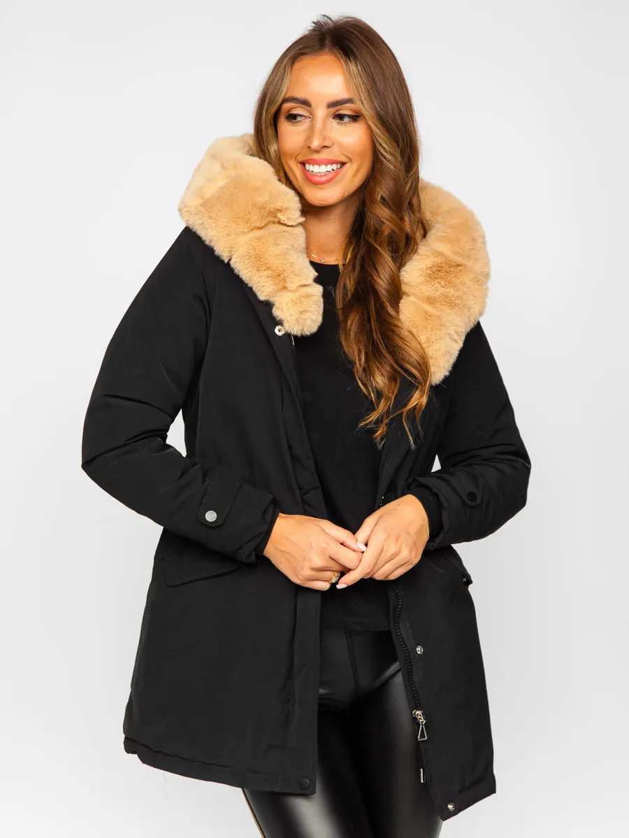 Black women's winter parka jacket with hood