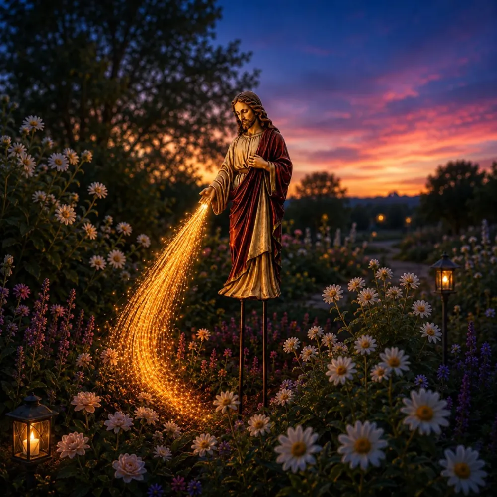 Solar Powered Jesus Light Statue - Flowing Fiber Optic Waterfall Garden Stake