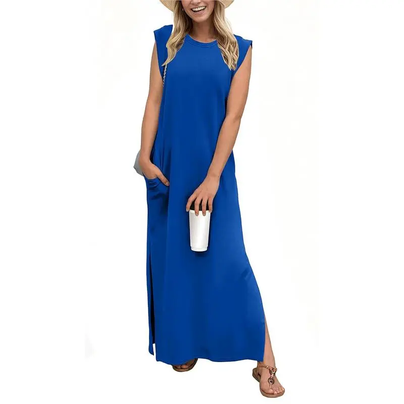 6PACK-Summer Round Neck Casual Loose Split Wrinkle-Free Long  Dress