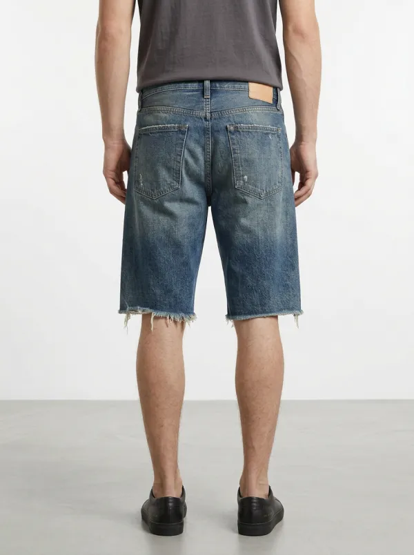 Men's Patchwork Paint Splatter Distressed Raw Hem Distressed Denim Shorts