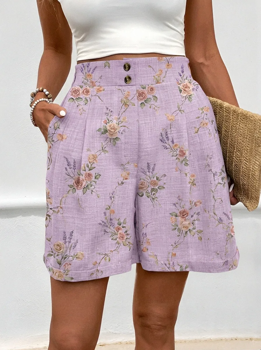 Women's Vintage Floral Lavender Rose Printed High-Waisted Shorts