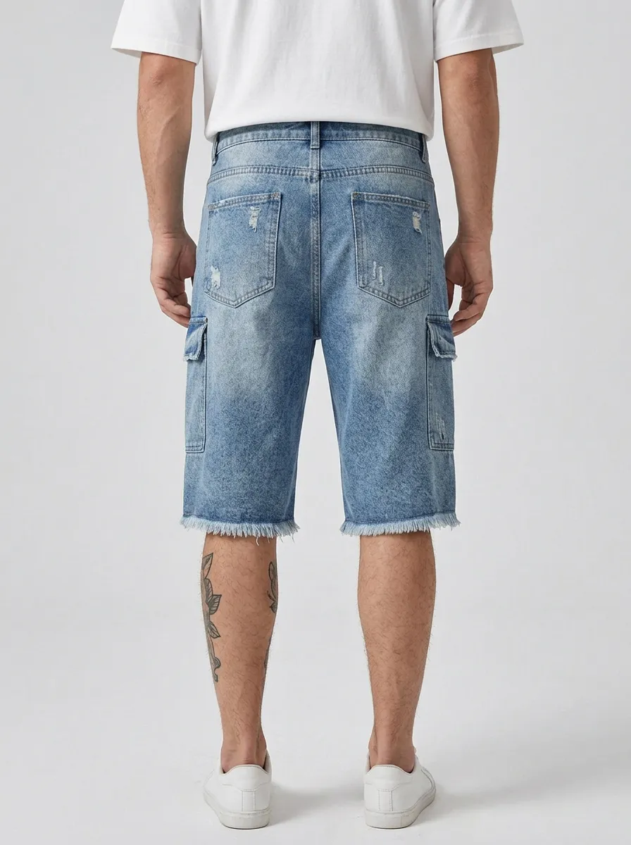 Men's Refined Distressed Raw Hem Street Inspired Distressed Denim Shorts