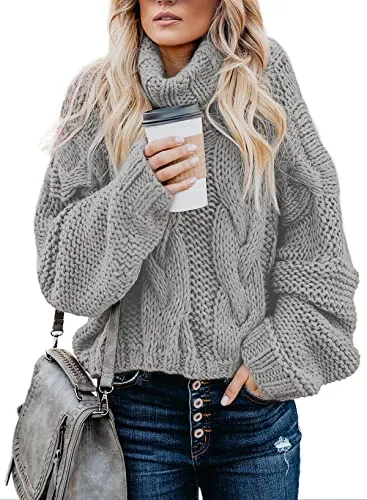 Women's 2025 Turtleneck Balloon Long Sleeve Casual Loose Chunky Cable Knit Pullover Sweater Outerwear