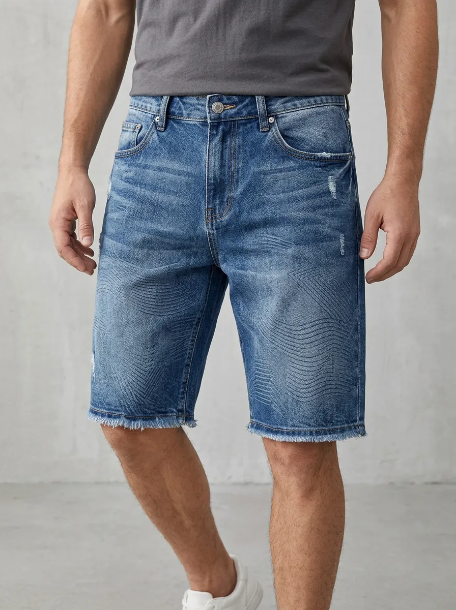 Men's Wave Geometric Distressed Raw Hem Distressed Denim Shorts