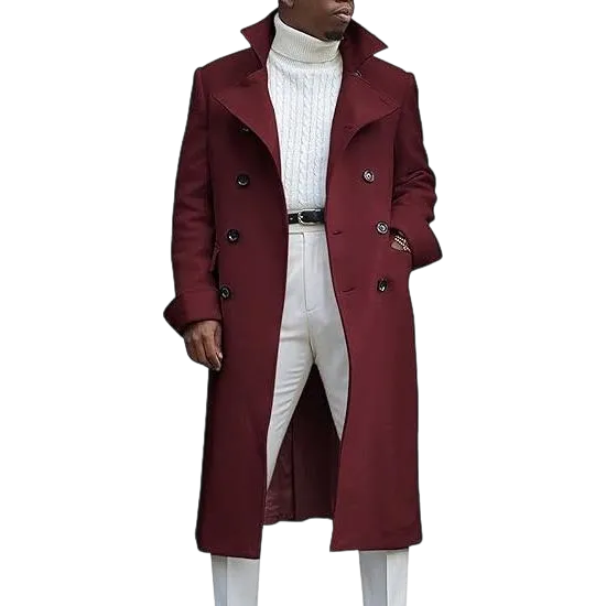 Men's Notch Lapel Double Breasted Long Trench Coat Casual Cotton Blend Peacoat