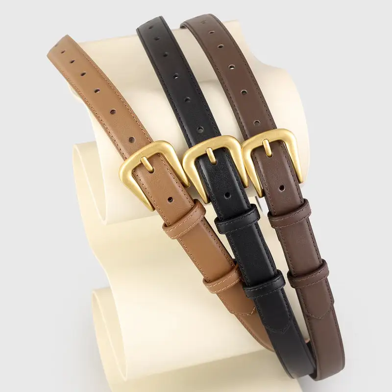 Simple Skinny Leather Belt with Golden Buckle