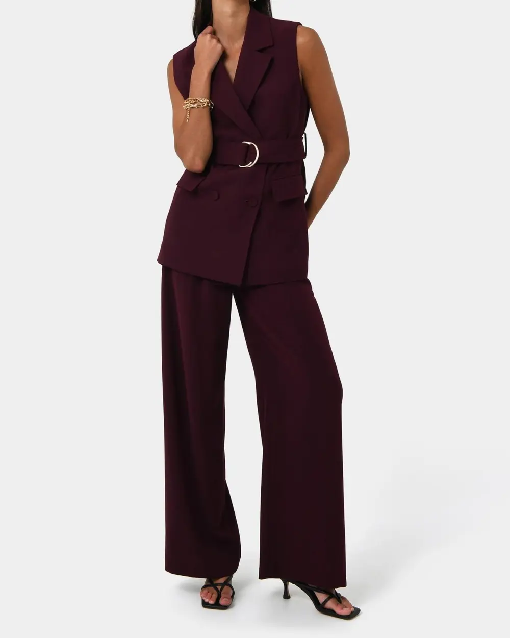 Wide Leg Tailored Pants -Wine