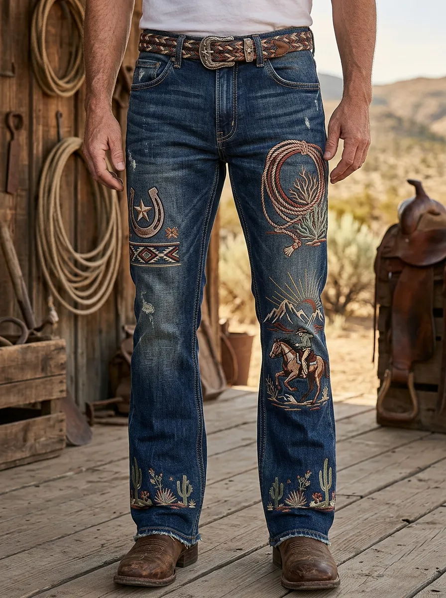 Men's Western Cowboy Horse Horseshoe Cactus Printed Jeans
