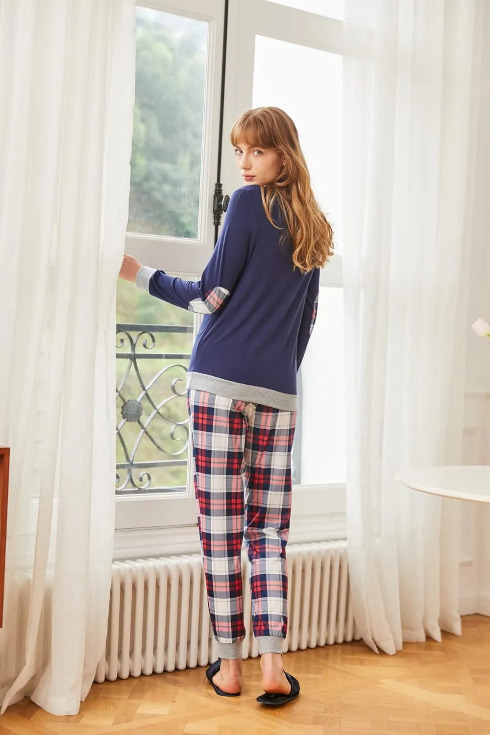 Women's Pajamas Sets Long Sleeve with Plaid Pants Soft Sleepwear O Neck 2 Piece Pjs Joggers Loung Set with Pockets