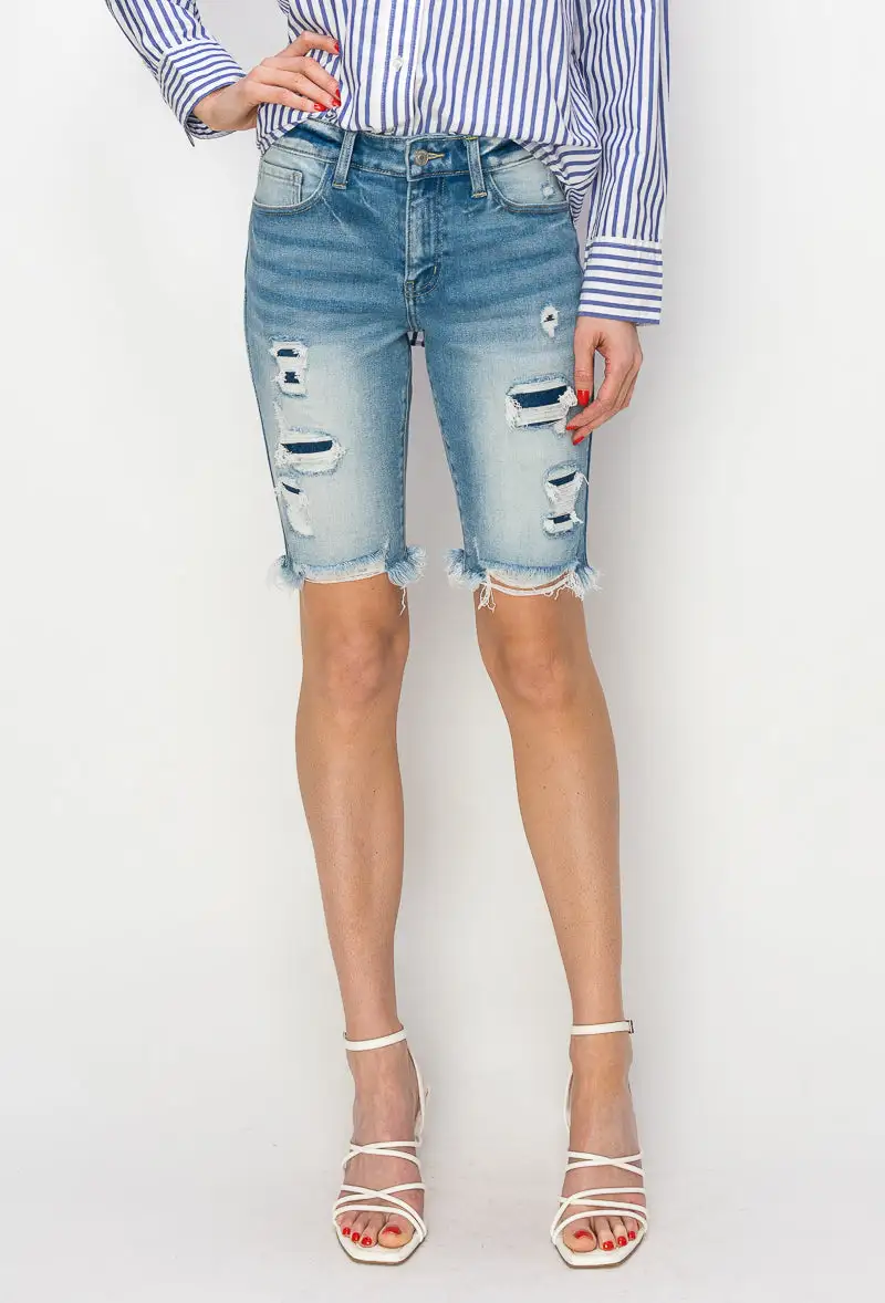 Mid Rise Distressed Frayed Hem Denim Shorts