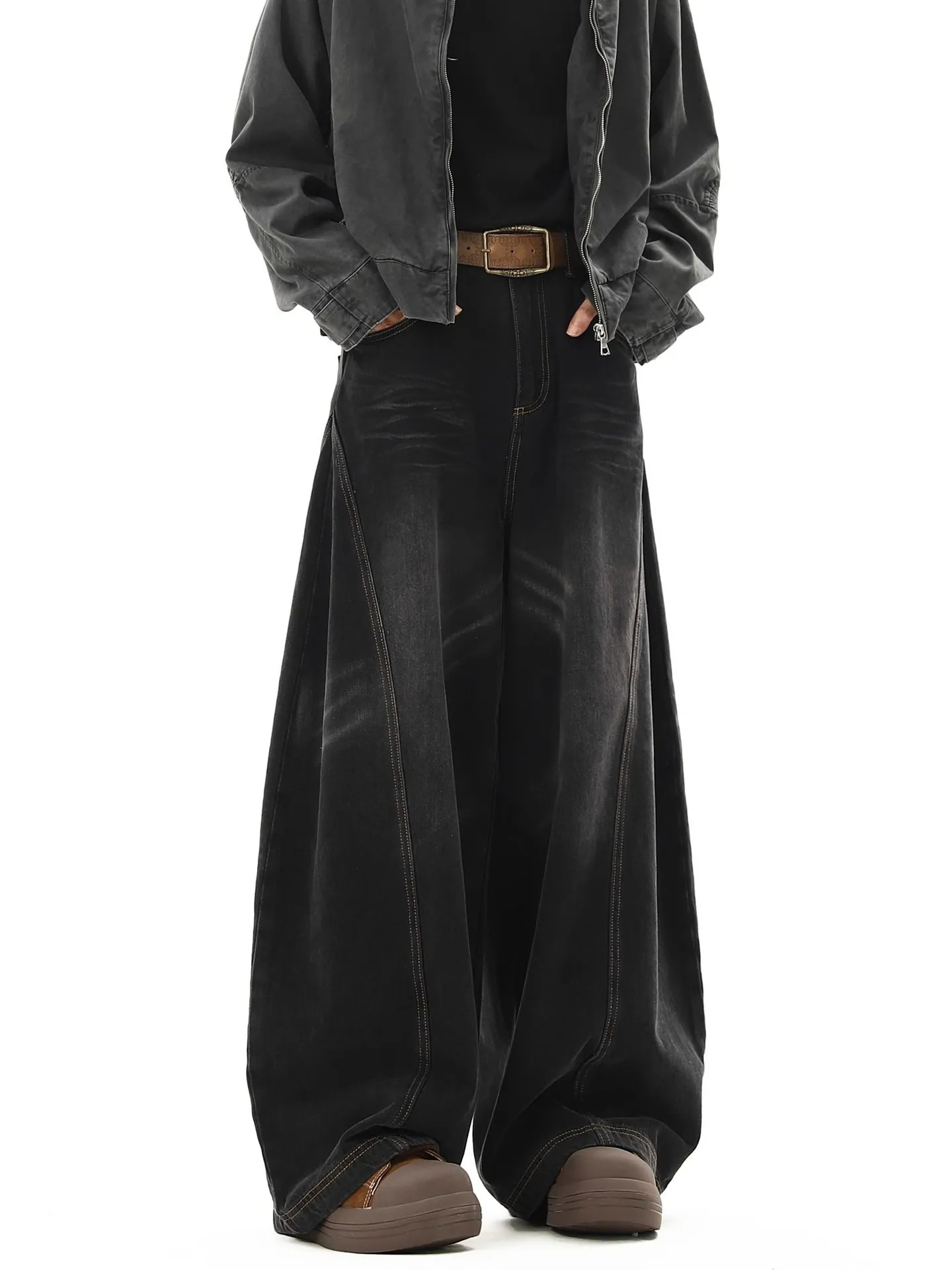 Vintage Whisker Wash Curved-Leg Denim Pants