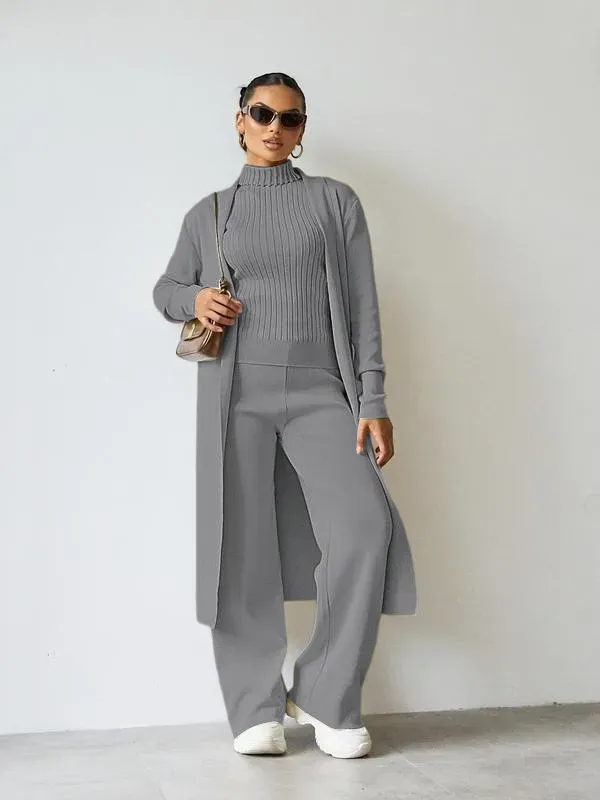 Trendy Knit Turtle Neck Tank & Wide Leg Trousers With Open-Front Long Cardigan Three-Piece Sets