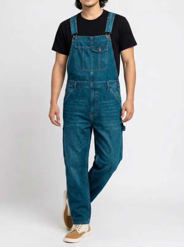 Men's Casual Vintage Blue Denim Relaxed-Fit Overalls