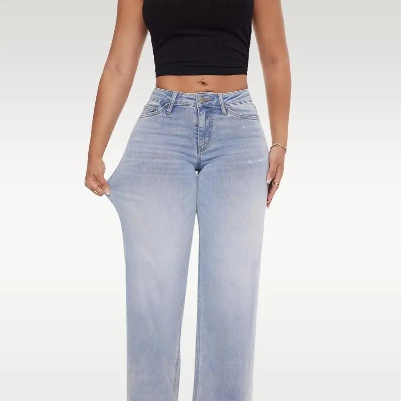 Mid-low Rise Baggy Jeans Stretchy Wide Leg for Women Distressed Pants