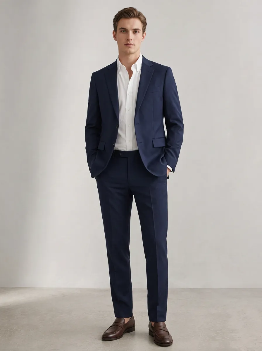 Men's Business Formal Navy Blue Solid Color Tailored Suit Set
