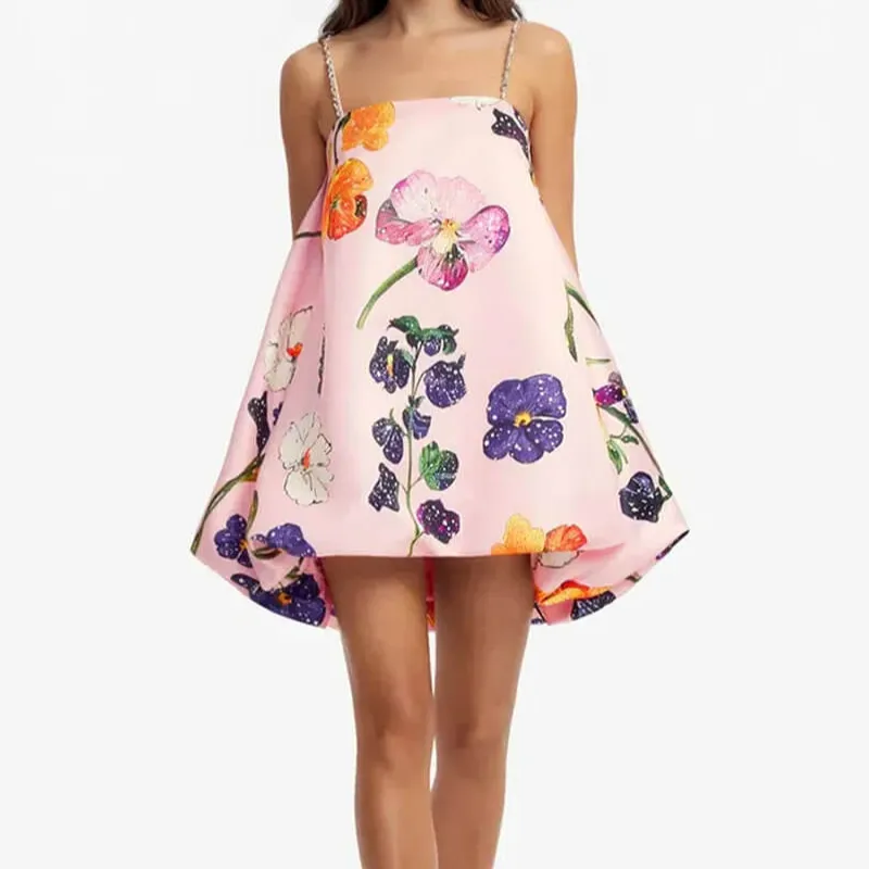 Printed Strap Detail Bubble Hem Mini Dress