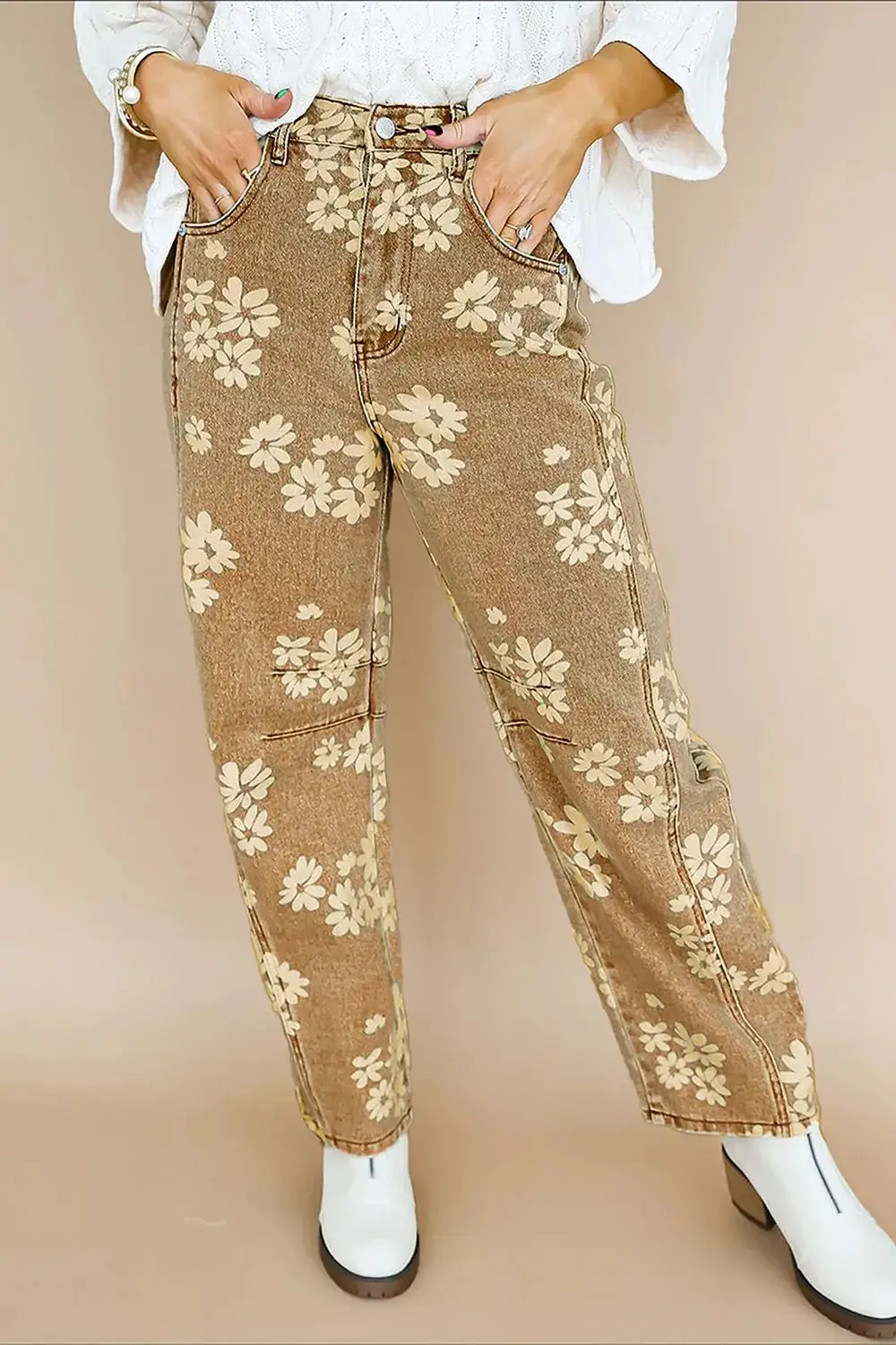 Washed Pocketed Floral-Print Stretch Straight Leg Jeans