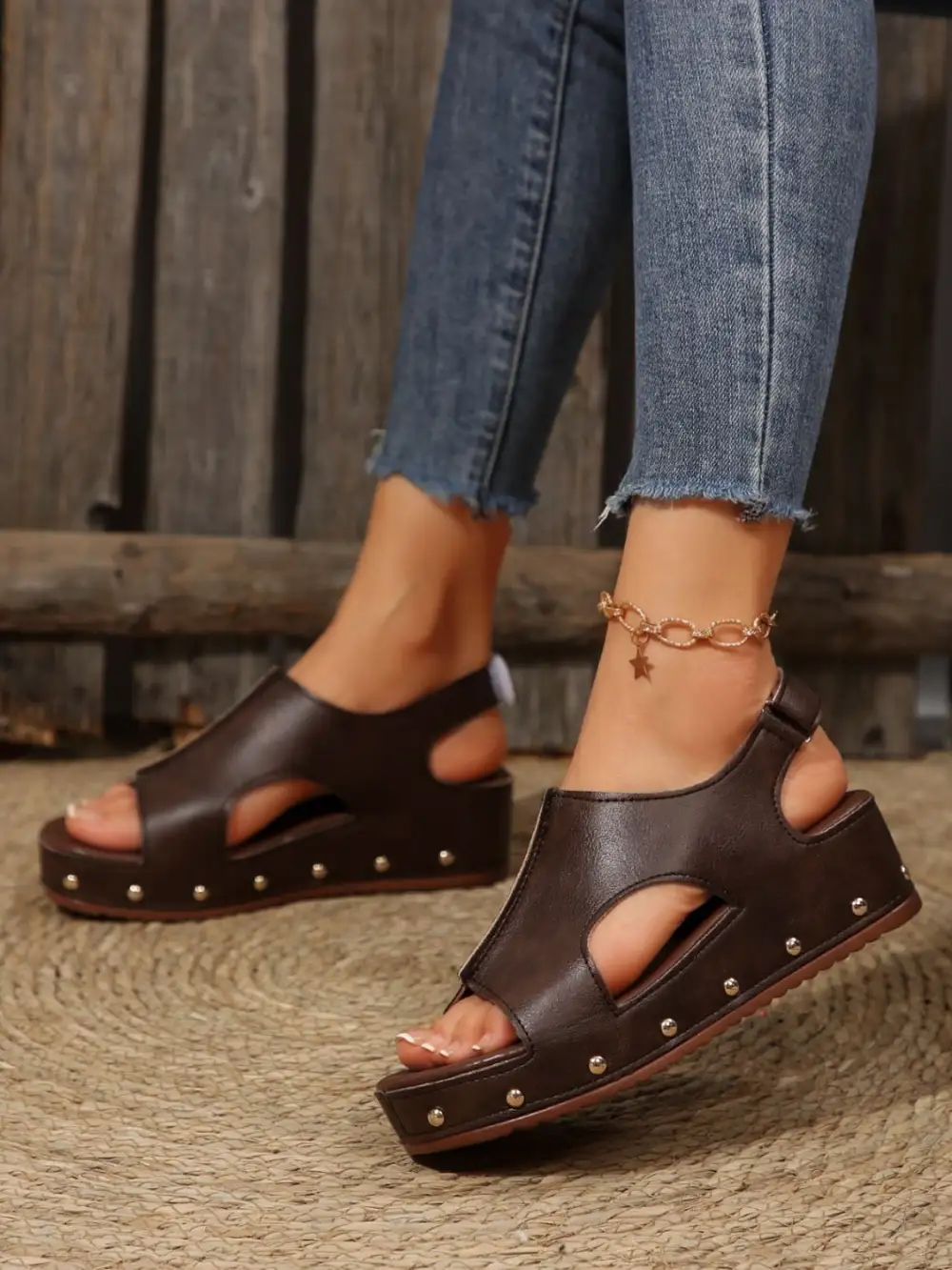 Pu Leather Studded Wedge Sandals
