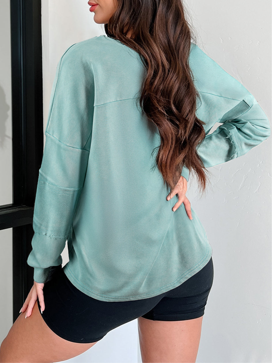 Women's Mineral Wash V Neck Button Detail Pullover Top