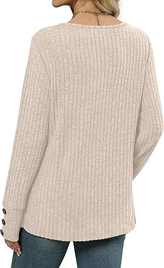 Women's V-Neck Long Sleeve Knit Sweater | Lightweight | Oversized Loose Fit Sweater for Layering