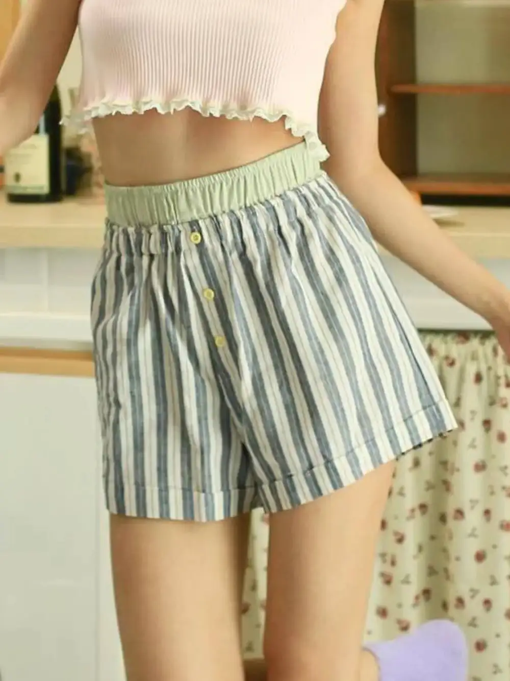 Textured Striped Elastic Waist Shorts