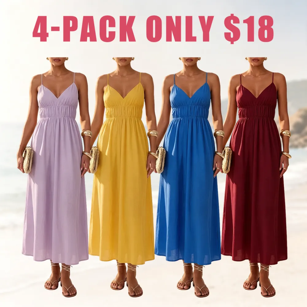 Women's Deep V-Neck Sleeveless Spaghetti Strap Ruched Flowy Maxi Sundress