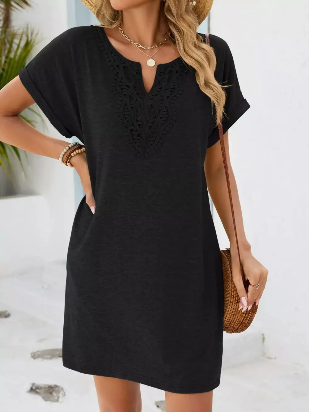 Polished Detail Lace Short Sleeve Dress