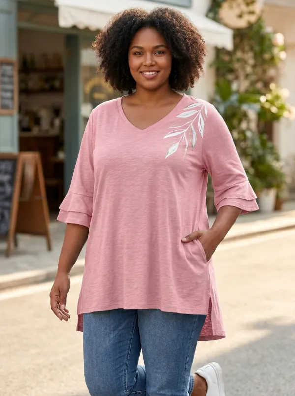 Women's Plus Size Leaf Pattern Printed V-Neck Loose T-Shirt