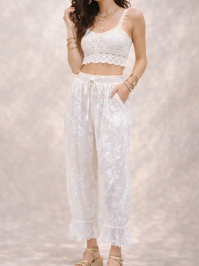 Lace Hem Flocked Elastic Waist Lantern Pants