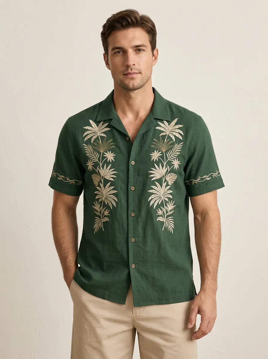 Men's Botanical Artful Embroidered Linen Shirt